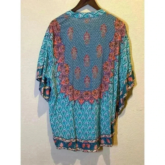 Tolani Womens L Geometric Print Tunic Top Turquoise Boho Artsy Kimono Pullover - Picture 8 of 9